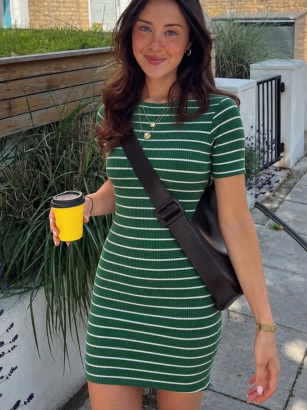 Reformation Striped Fitted Mini Dress Size Medium Green White (c1)